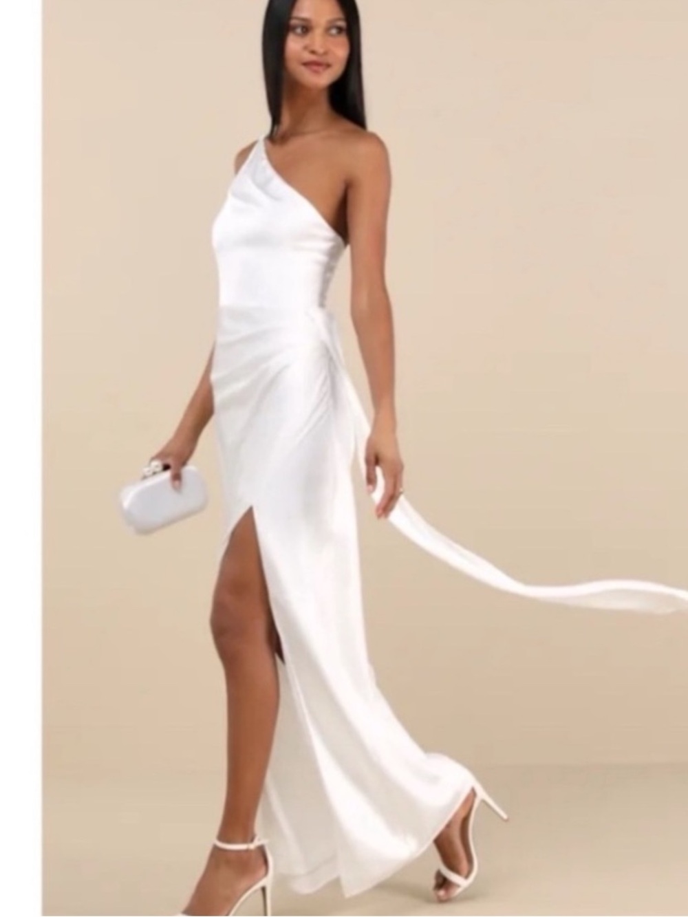 New Lulus Elegant One-Shoulder White Satin Evening Maxi Dress w/sash Sz Large